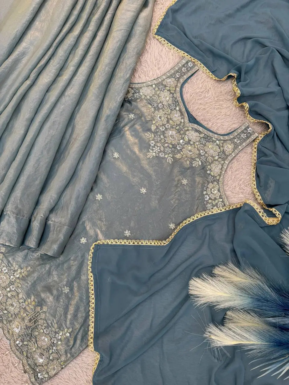 Embroidered Silk Kurti Palazzo Set with Lace Dupatta