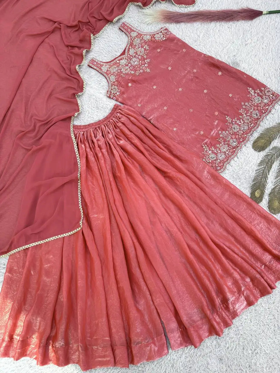 Embroidered Silk Kurti Palazzo Set with Lace Dupatta