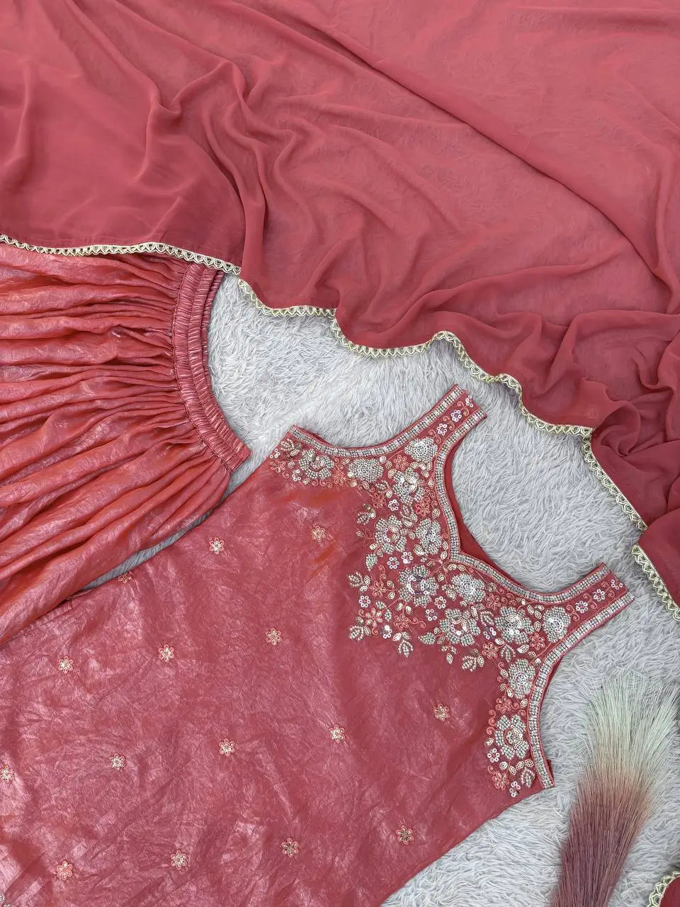 Embroidered Silk Kurti Palazzo Set with Lace Dupatta