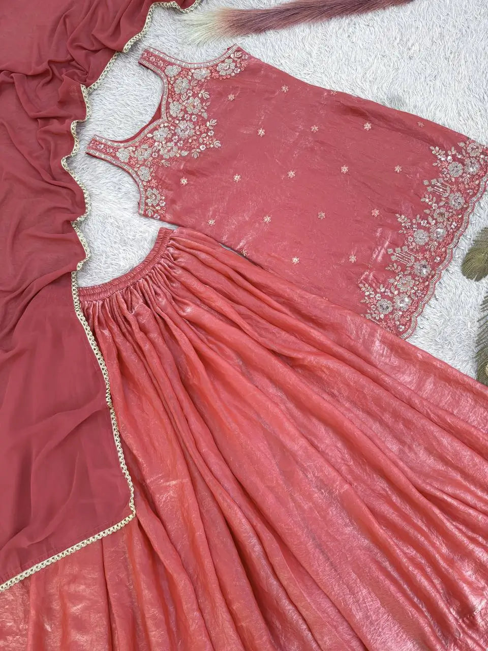 Embroidered Silk Kurti Palazzo Set with Lace Dupatta