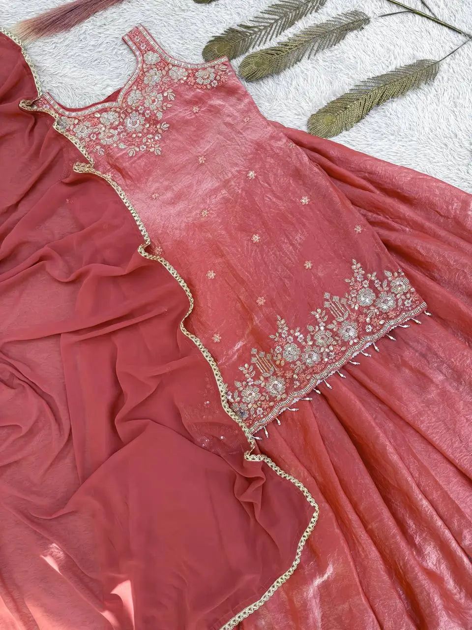 Embroidered Silk Kurti Palazzo Set with Lace Dupatta