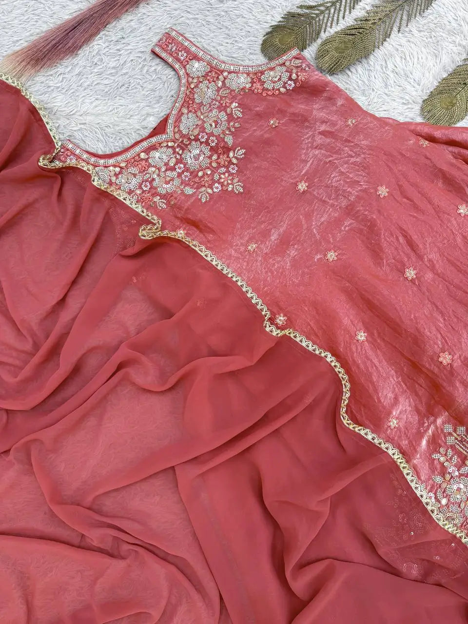 Embroidered Silk Kurti Palazzo Set with Lace Dupatta