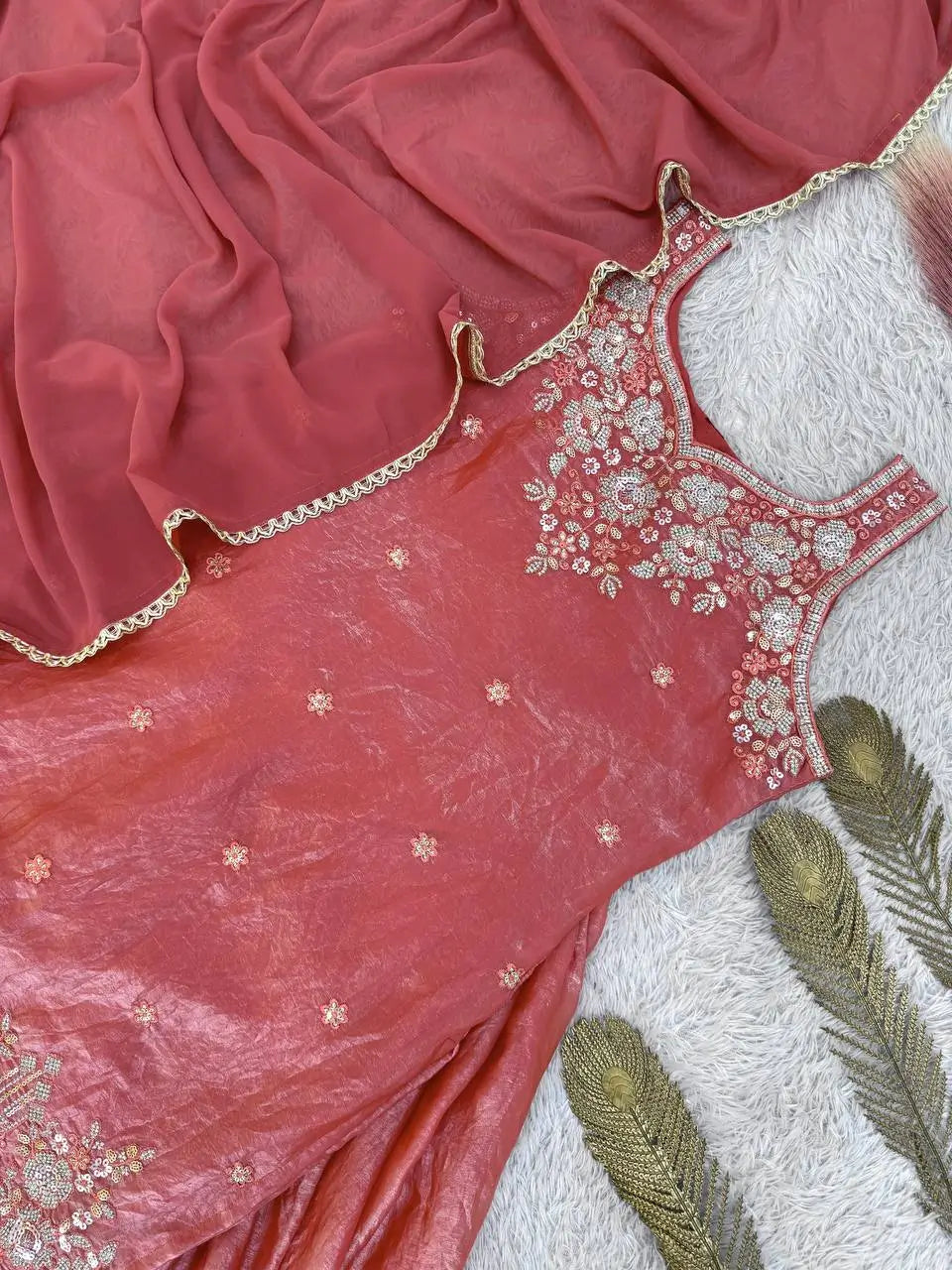 Embroidered Silk Kurti Palazzo Set with Lace Dupatta