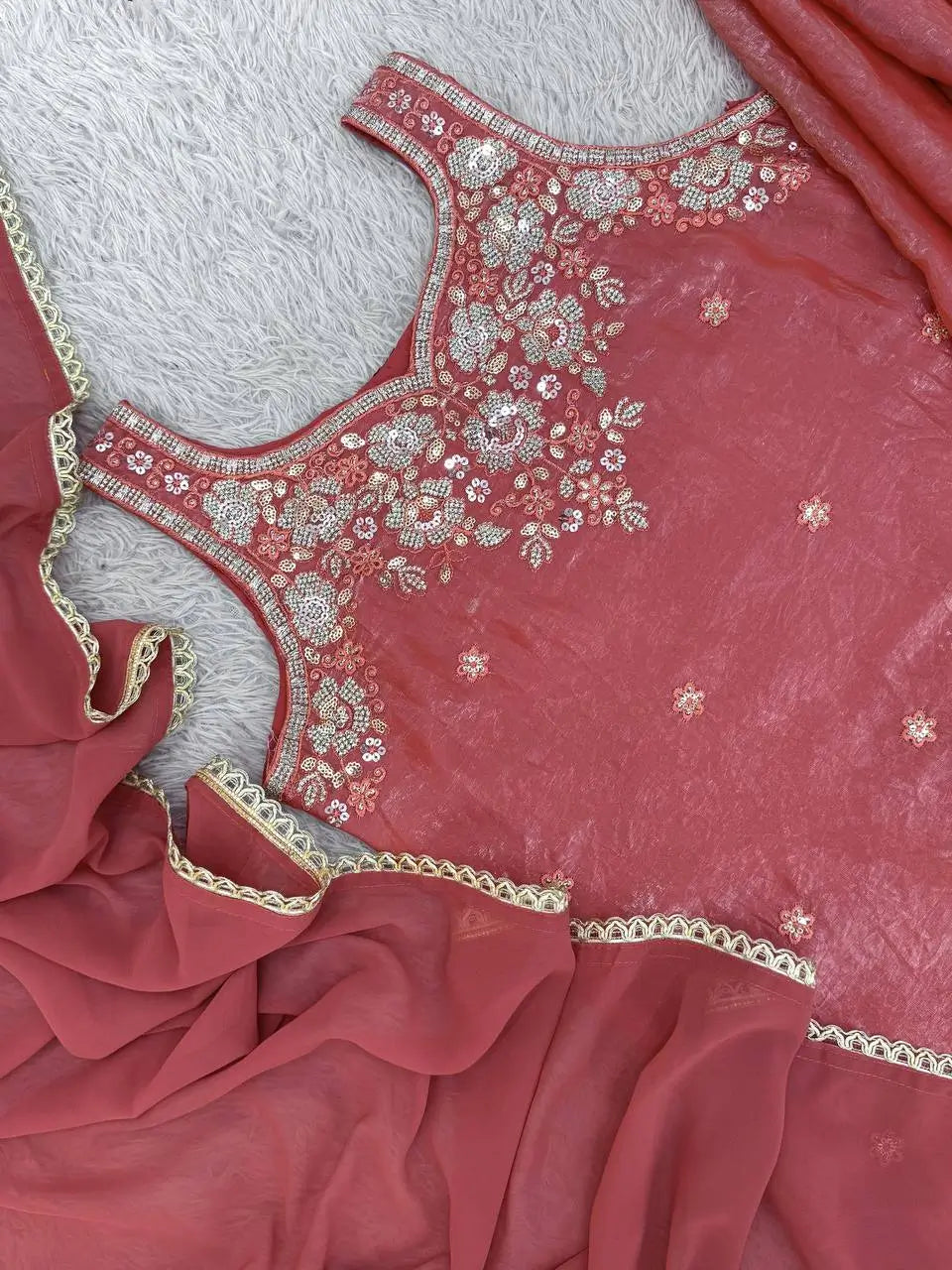 Embroidered Silk Kurti Palazzo Set with Lace Dupatta