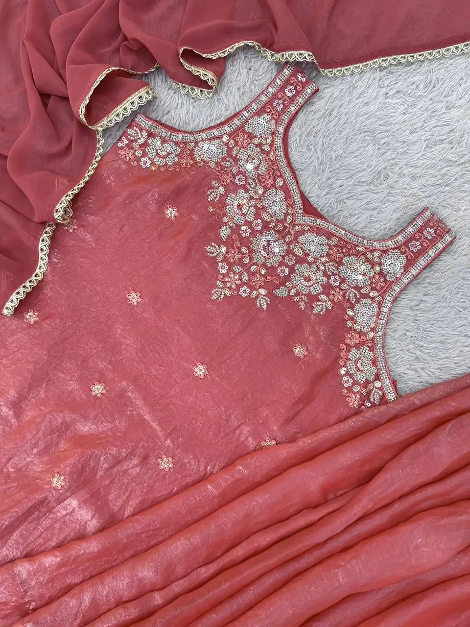 Embroidered Silk Kurti Palazzo Set with Lace Dupatta