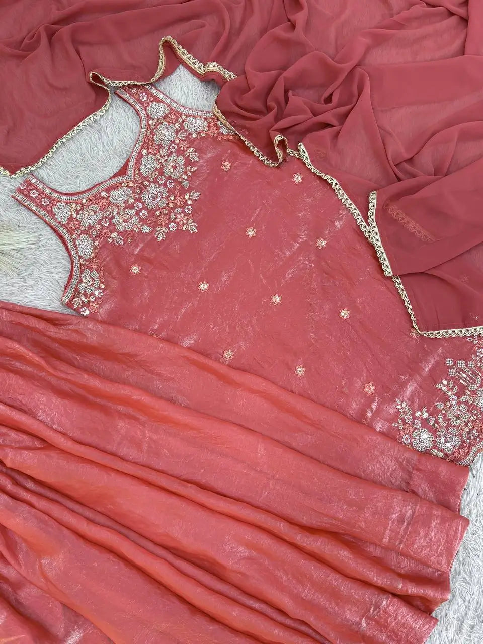 Embroidered Silk Kurti Palazzo Set with Lace Dupatta