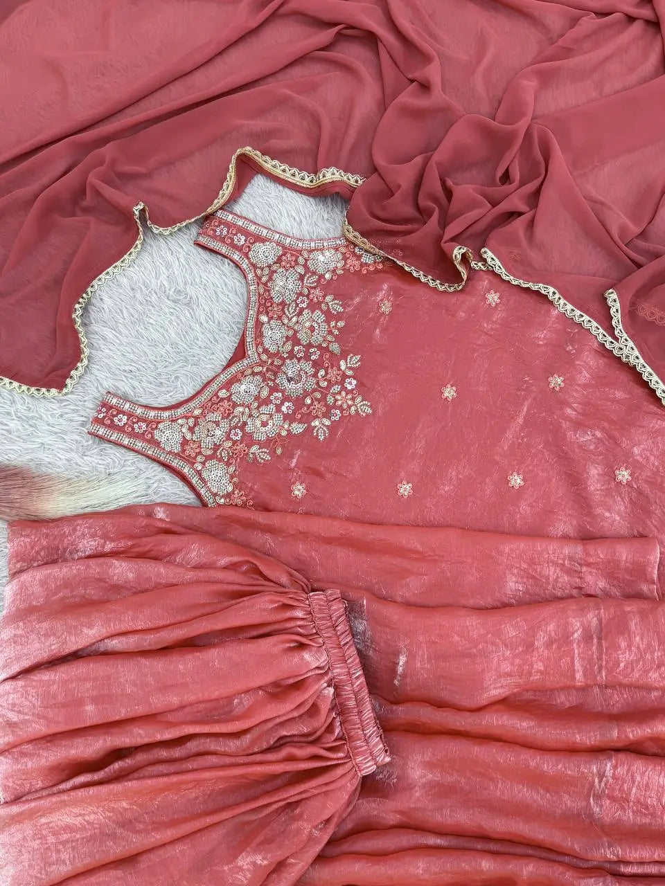 Embroidered Silk Kurti Palazzo Set with Lace Dupatta