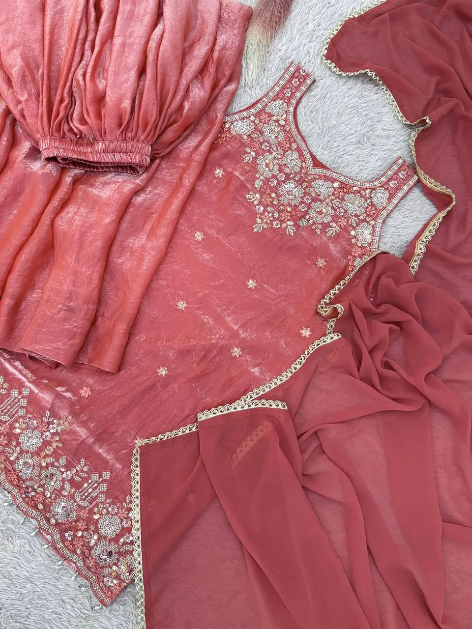 Embroidered Silk Kurti Palazzo Set with Lace Dupatta