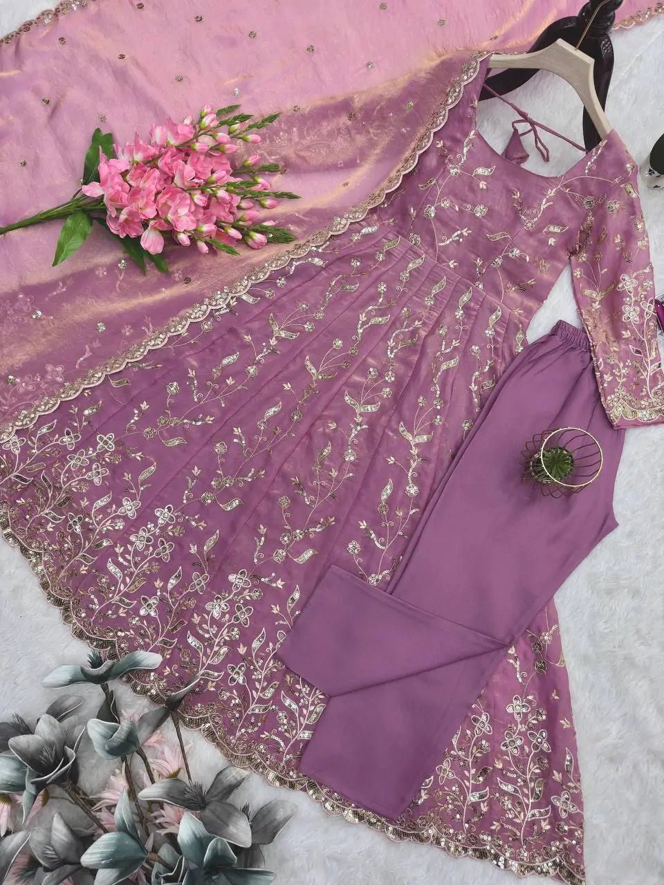Embroidered Fandy Silk Gown Set with Dupatta and Pant