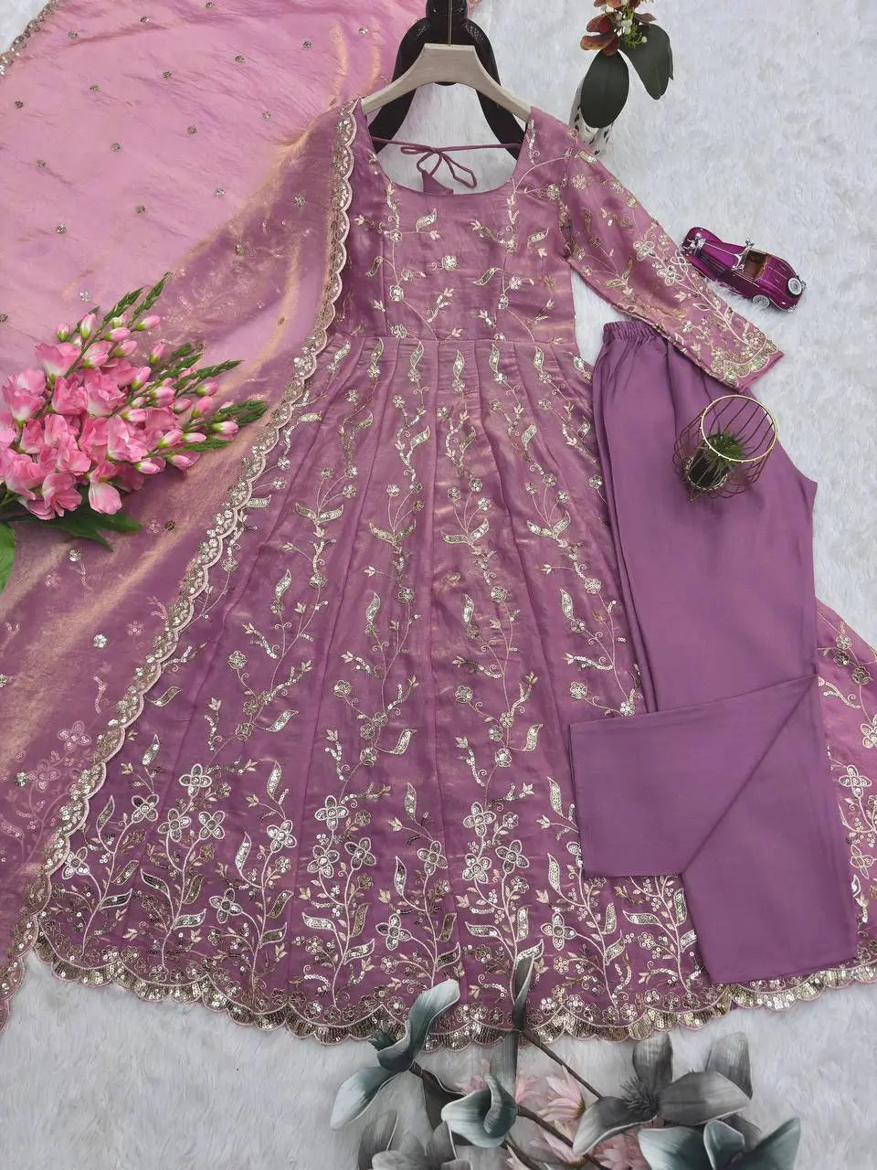 Embroidered Fandy Silk Gown Set with Dupatta and Pant