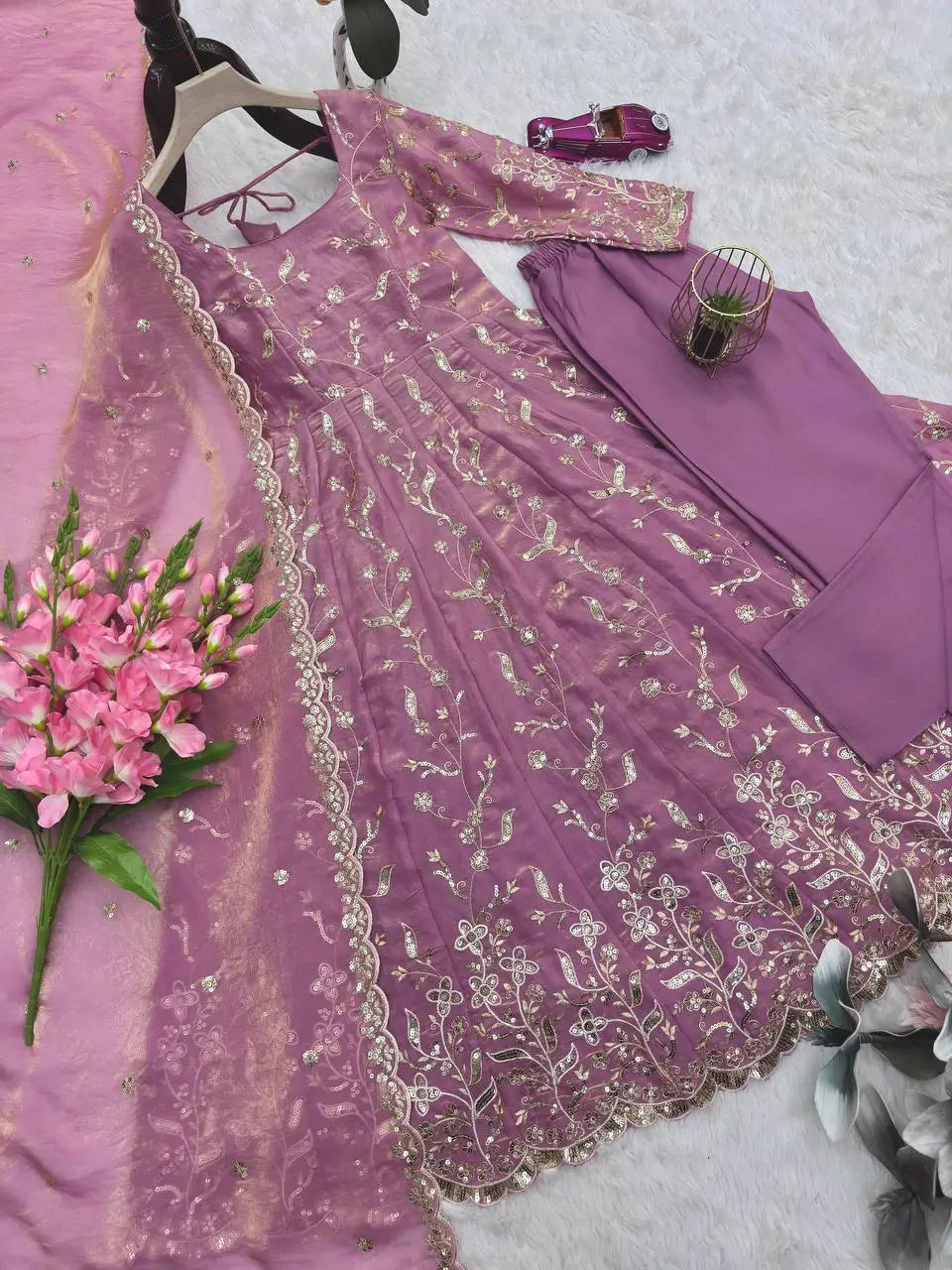 Embroidered Fandy Silk Gown Set with Dupatta and Pant