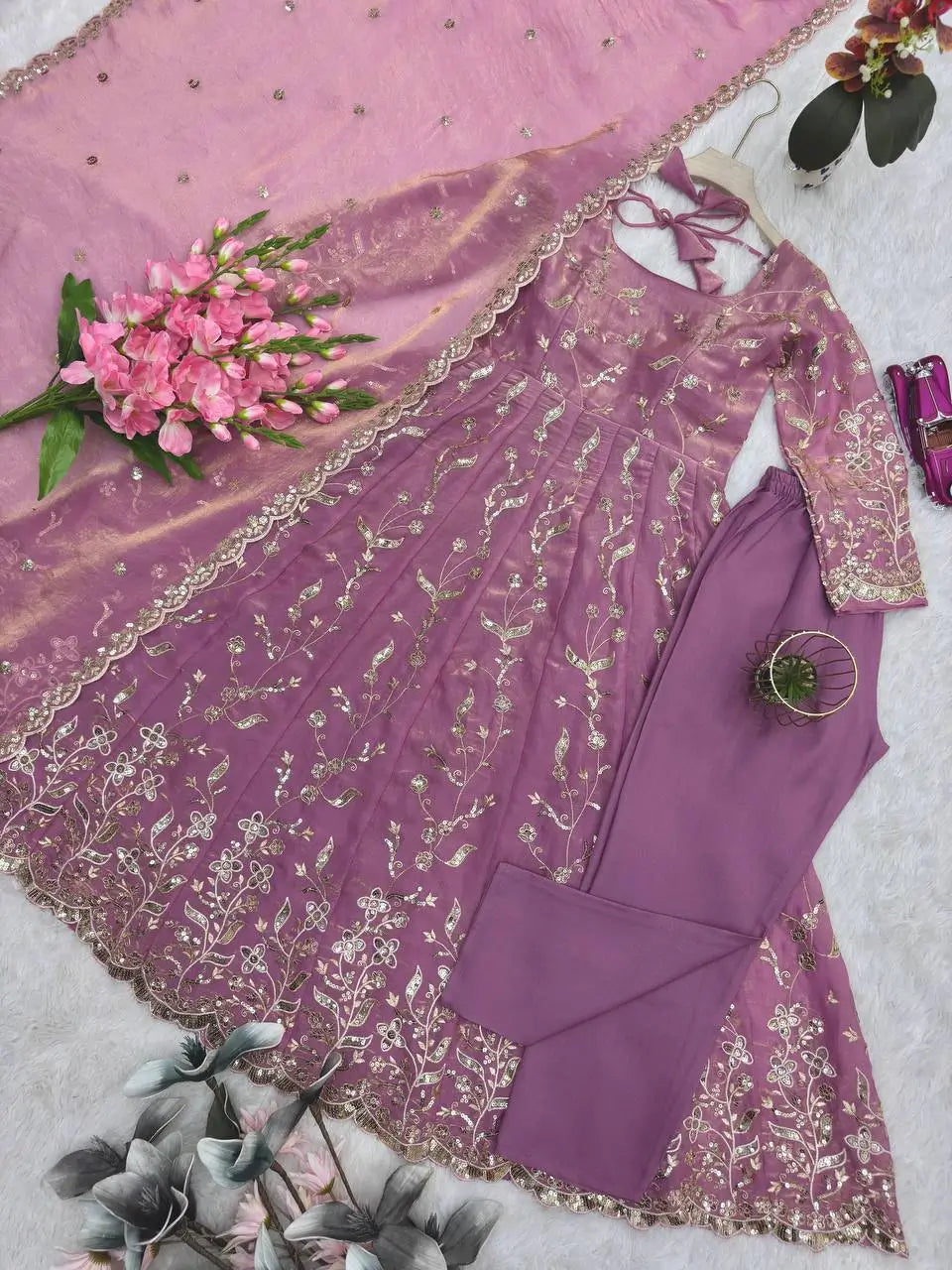 Embroidered Fandy Silk Gown Set with Dupatta and Pant