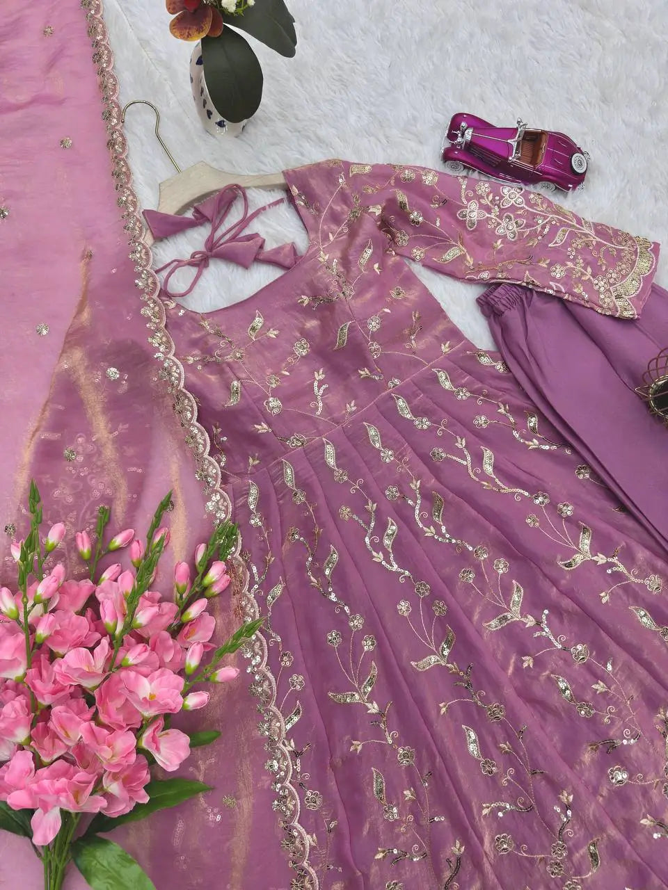 Embroidered Fandy Silk Gown Set with Dupatta and Pant