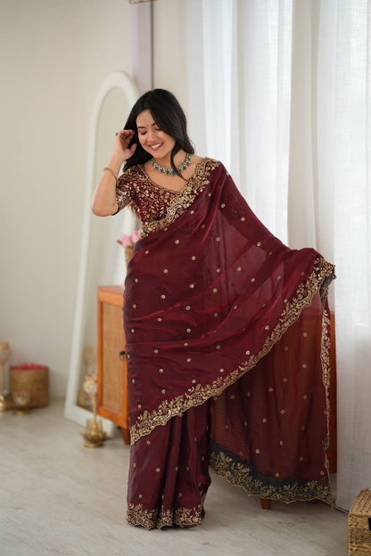Shimmer Silk Saree with Paisley Cutwork Border