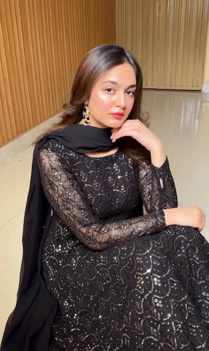 Black Faux Blooming Sequined Anarkali Suit with Dupatta