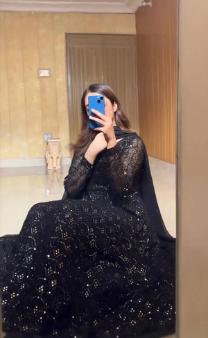 Black Faux Blooming Sequined Anarkali Suit with Dupatta