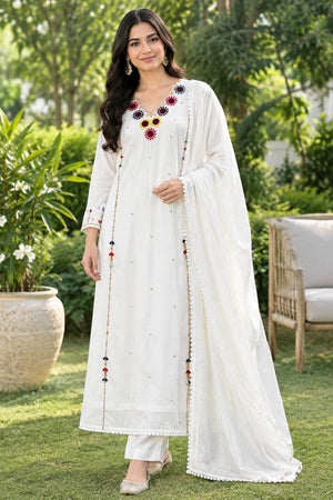 White Chanderi Kurta Set with Hand Work