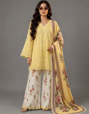 Yellow Cambric Cotton Kurta with Floral Palazzo