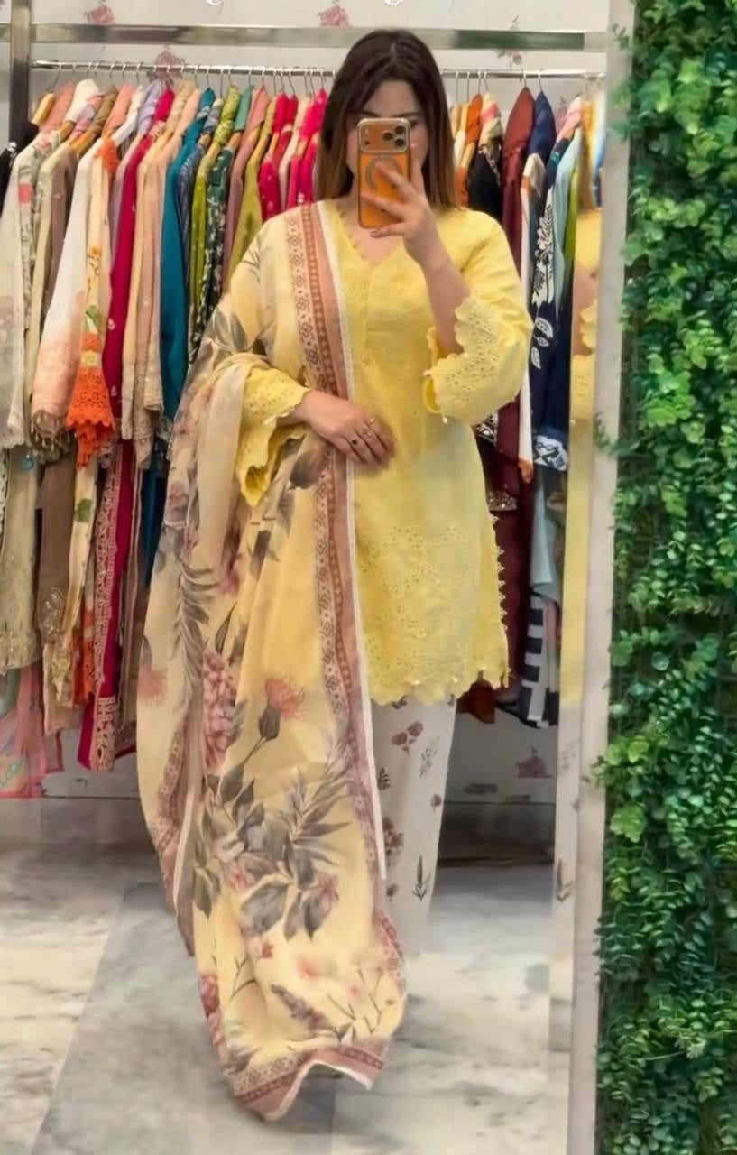 Yellow Cambric Cotton Kurta with Floral Palazzo