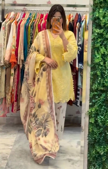 Yellow Cambric Cotton Kurta with Floral Palazzo