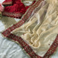 Off White Silk Saree with Red Sequin Border