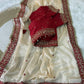 Off White Silk Saree with Red Sequin Border