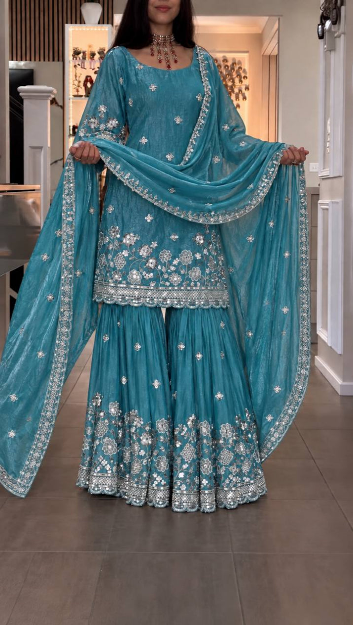 Sky Blue Shimmer Silk Sequin Sharara Set