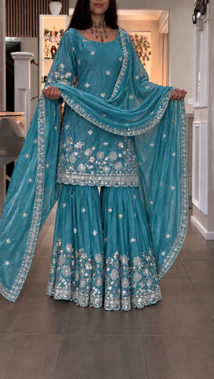 Sky Blue Shimmer Silk Sequin Sharara Set