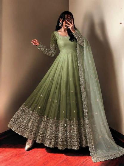 Olive Ombre Georgette Anarkali with Dupatta
