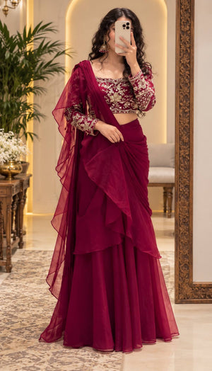 Wine Ready to Wear Ruffle Lehenga Saree