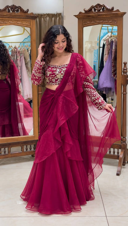 Wine Ready to Wear Ruffle Lehenga Saree