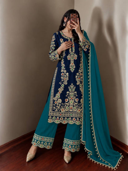 Navy Crepe Silk Kurta Palazzo Set