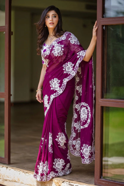 Thread Embroidered Organza Saree with Cutwork