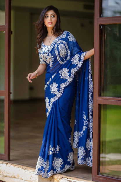 Thread Embroidered Organza Saree with Cutwork