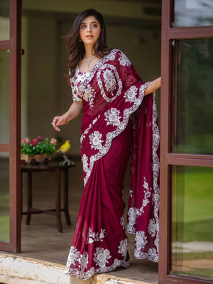 Thread Embroidered Organza Saree with Cutwork