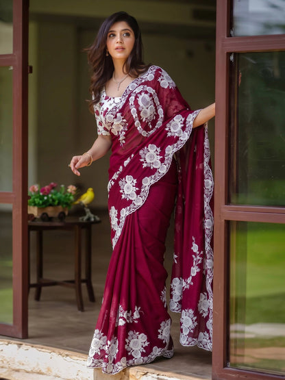 Thread Embroidered Organza Saree with Cutwork
