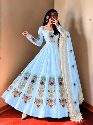 Peacock Print Anarkali Gown with Dupatta