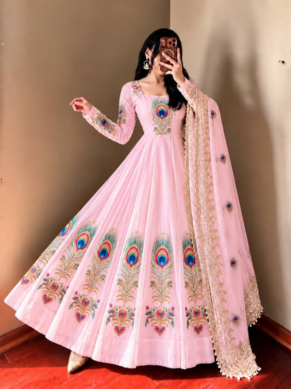 Peacock Print Anarkali Gown with Dupatta