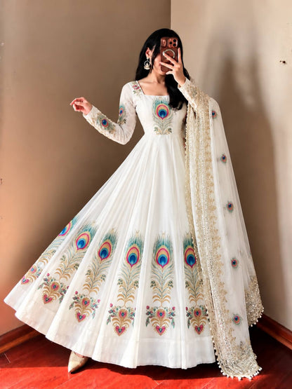 Peacock Print Anarkali Gown with Dupatta