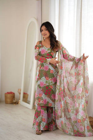 Floral Print Organza Kurta Palazzo Set