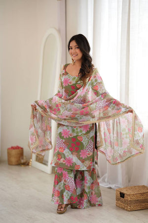 Floral Print Organza Kurta Palazzo Set