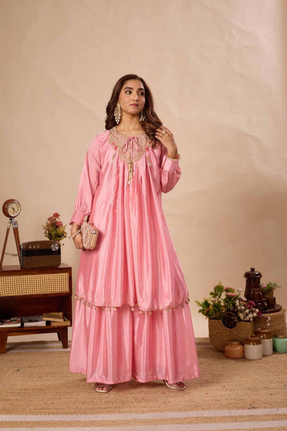 Blush Chinnon Kurta Sharara Set with Coin Lace