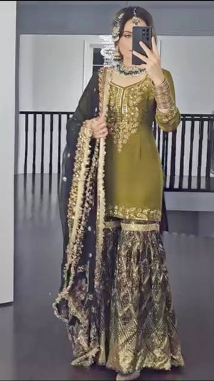 Olive Chinnon Silk Sharara Set with Dupatta