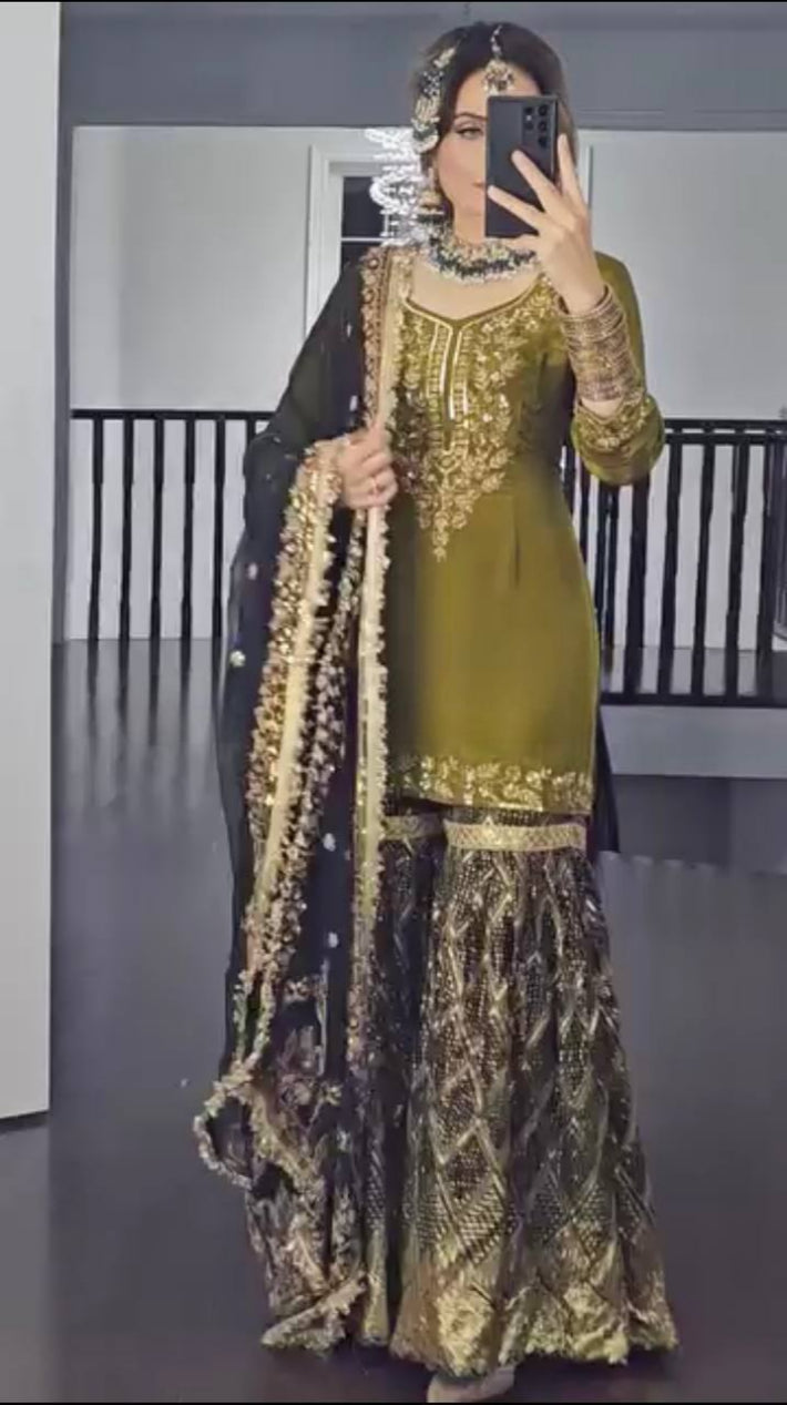 Olive Chinnon Silk Sharara Set with Dupatta