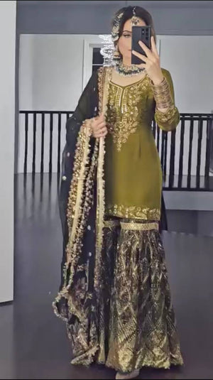 Olive Chinnon Silk Sharara Set with Dupatta