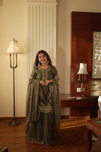 Printed Chinon Diamond Work Sharara Set for Festive and Wedding Wear