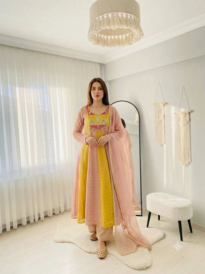 Mustard Panel Embroidered Anarkali