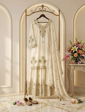 Ivory Stone Embroidered Sharara Set