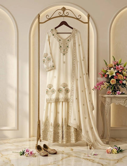 Ivory Stone Embroidered Sharara Set