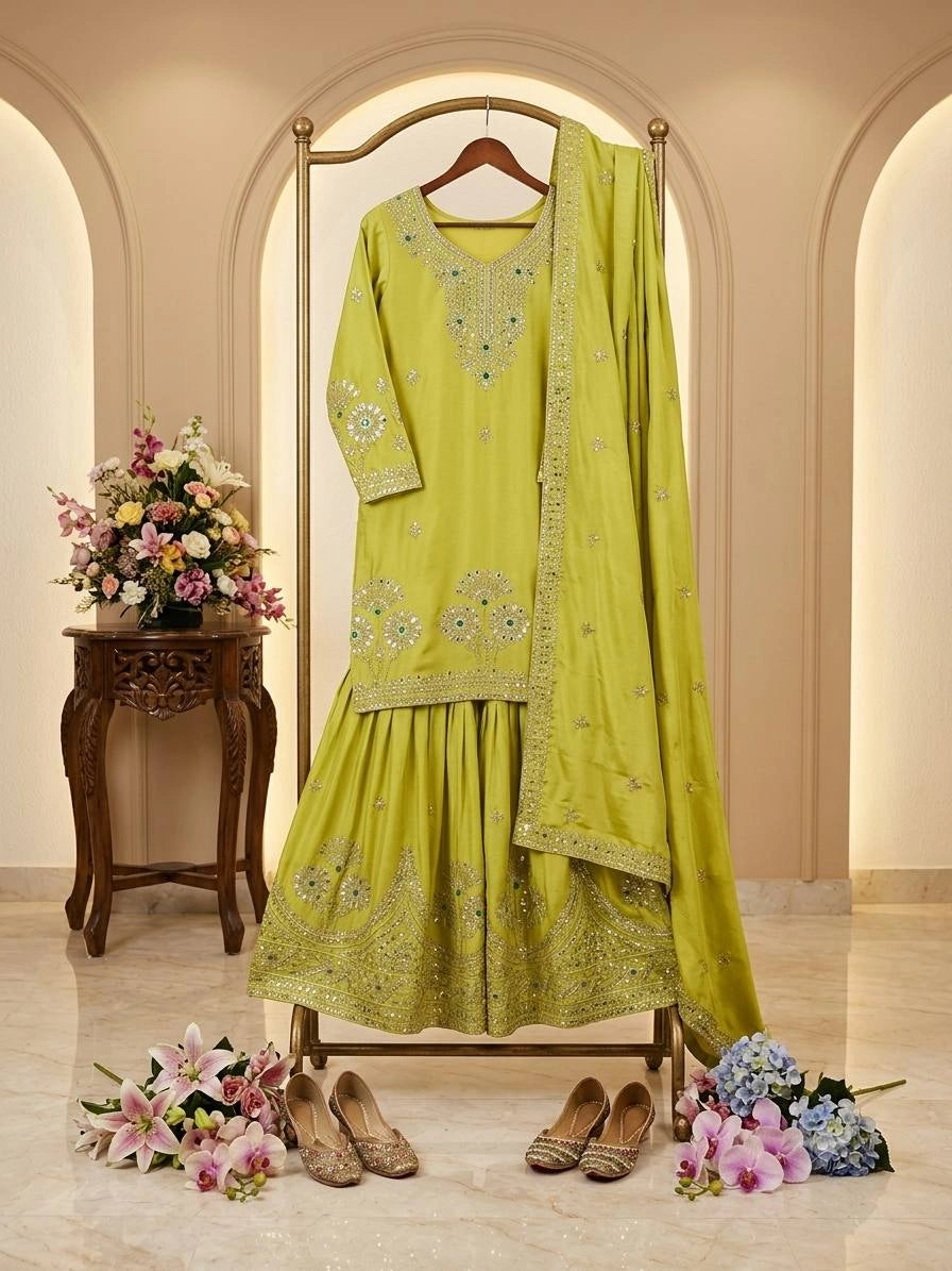 Ivory Stone Embroidered Sharara Set